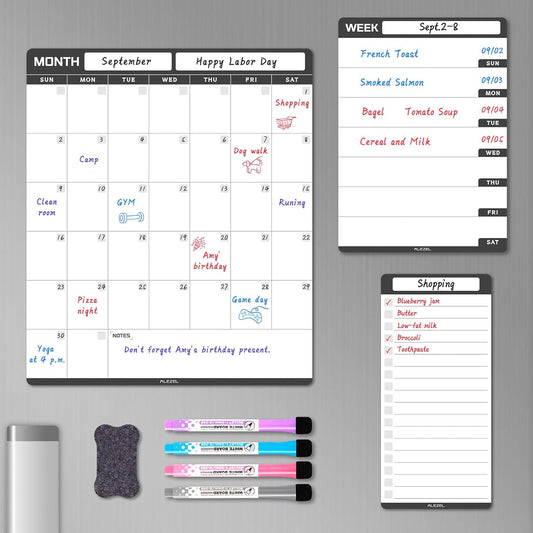 ALEZEL Dry Erase Fridge Calendar Magnetic, Greenery White Board Calendar Dry Erase for Refrigerator - Set of Vertical Monthly & Weekly Calendar for Fridge with 1 List Board, 4 Markers + Eraser