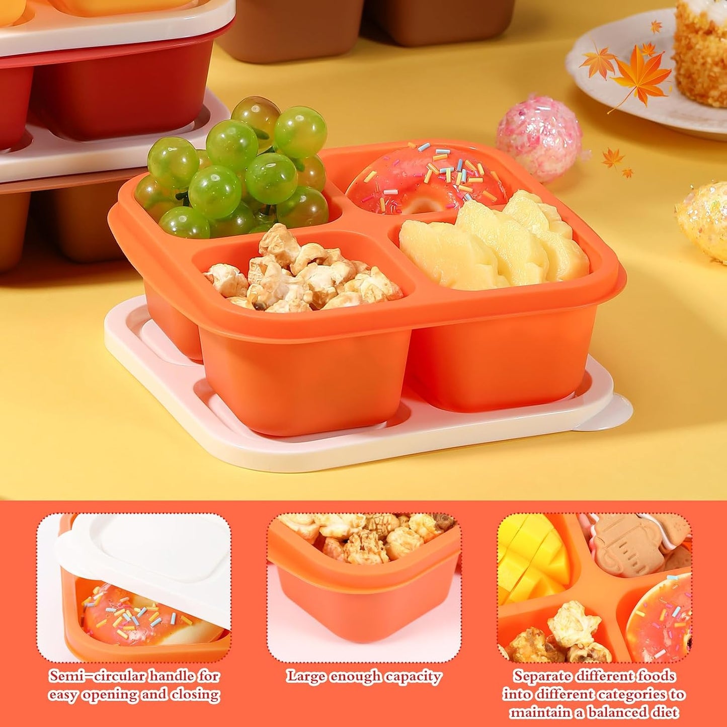Honeydak 10 Pack Bento Snack Containers 4 Compartment Snack Boxes Reusable Containers with Lids Divided Meal Prep Lunch Food Storage Box for School Work Travel