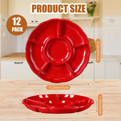 Rtteri 12 Pcs Plastic Divided Serving Trays 12 Inch Round Chip Dip Plate 6 Sectional Snacks Serving Dish Food Platters for Party Candy Nuts Fruits Veggies(Colorful)