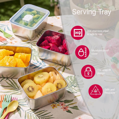 Snackle Box Container, 4 PCS Stainless Steel Divided Serving Snack Tray,Serving Tray with Lid and Handle, Portable Snack Tray for Beach, Road Trip, Picnic, Boat Days, Ball Games