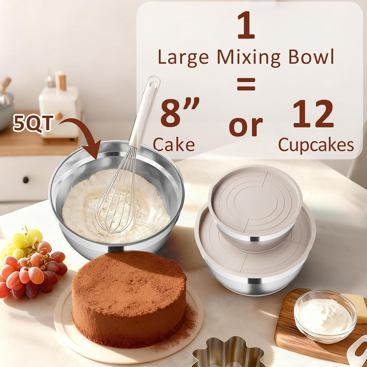 9 Pack Mixing Bowls with Airtight Lids & Grater Attachments, Khaki