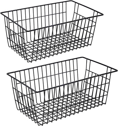 Redrubbit Wire Storage Baskets, Large Farmhouse Metal Freezer Basket Storage Organizer Bins with Handles for Kitchen Cabinets, Pantry, Closets, Bedrooms, Bathrooms, Set of 6, White