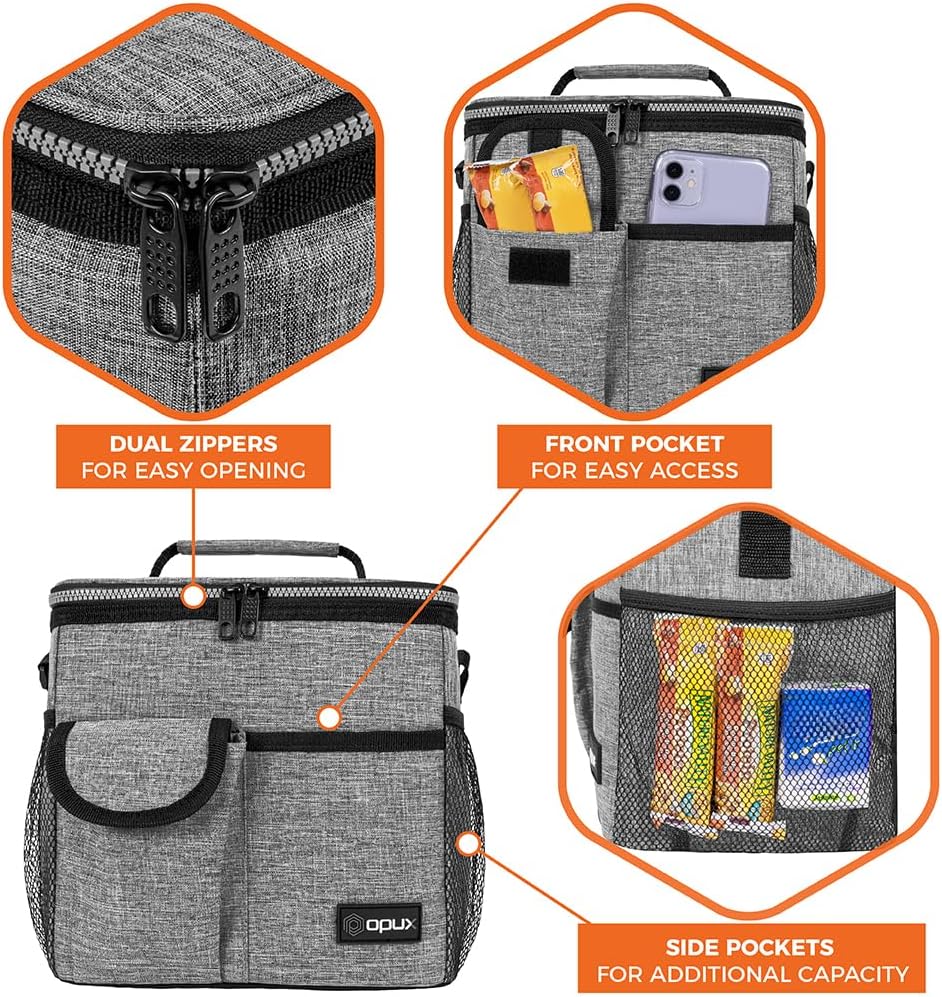 opux Insulated Lunch Bag for Men Women, Leakproof Black Lunch Box for Work, Portable Soft Lunch Cooler Bag with Shoulder Strap, Adult Lunchbox Lunch Pail for Kid Boy Girl School, 14 Can/8L