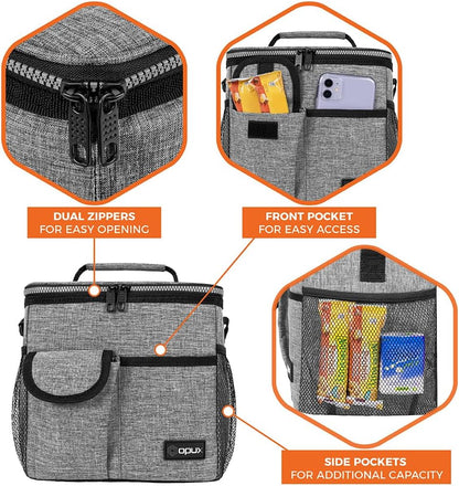 opux Insulated Lunch Bag for Men Women, Leakproof Black Lunch Box for Work, Portable Soft Lunch Cooler Bag with Shoulder Strap, Adult Lunchbox Lunch Pail for Kid Boy Girl School, 14 Can/8L