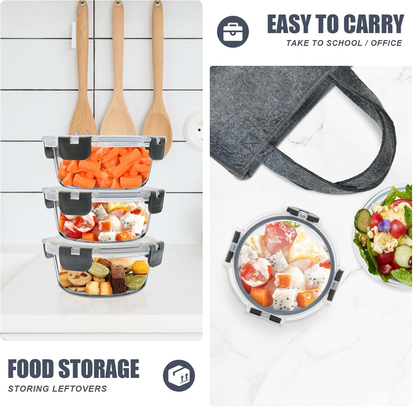 6Pack 22oz Glass Meal Prep Containers, Glass Food Storage Containers Sets with Snap Leak Proof Lids for Microwave, Oven, Freezer and Dishwasher Safe (Grey, 22oz)