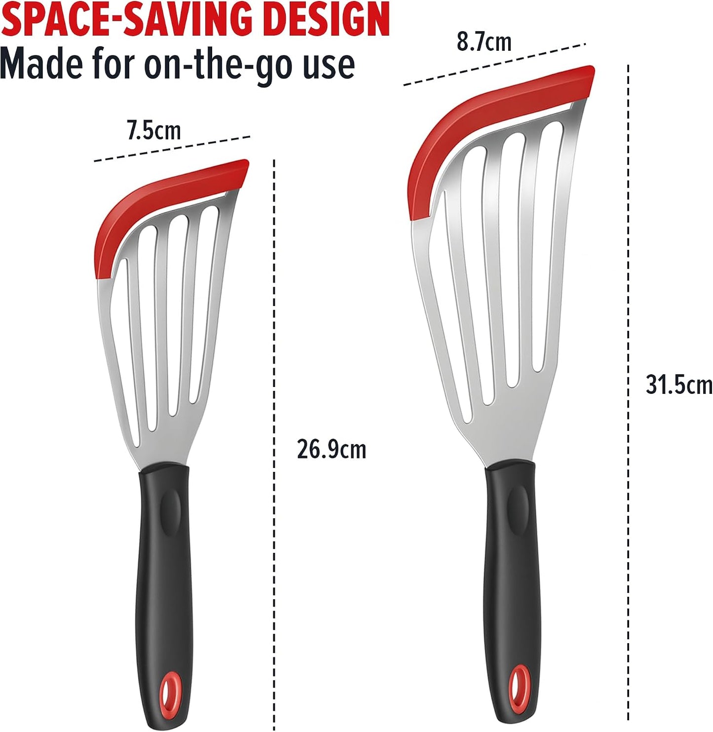 2pcs Silicon Fish Spatula | Heat Resistant | Stainless Steel Turner with Black Handle, Silicone Edge, Thin Slotted Metal Flipper for Nonstick Cookware, Fish, Omelets, Egg, Pancake, Steak