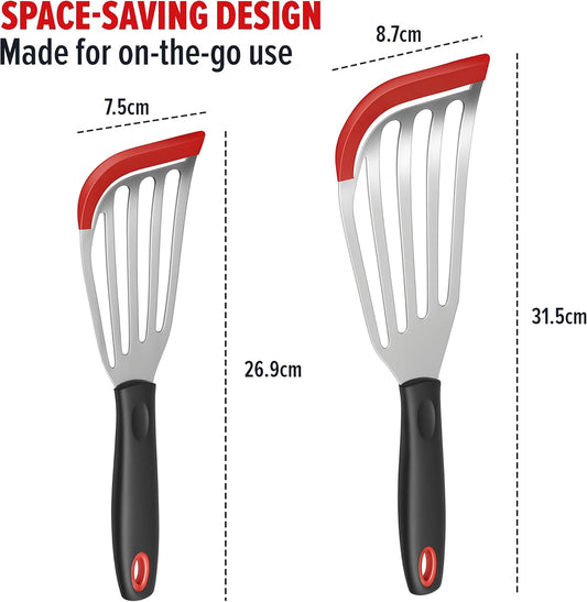 2pcs Silicon Fish Spatula | Heat Resistant | Stainless Steel Turner with Black Handle, Silicone Edge, Thin Slotted Metal Flipper for Nonstick Cookware, Fish, Omelets, Egg, Pancake, Steak