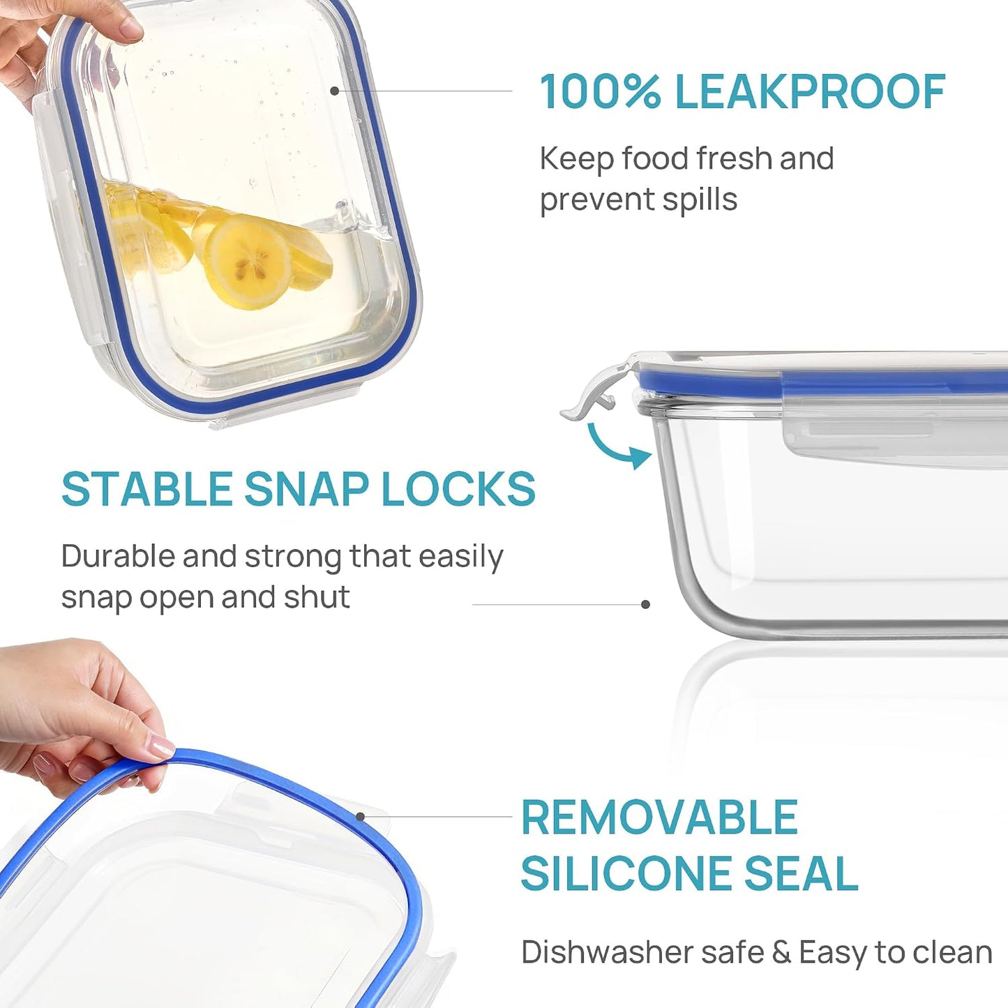Vtopmart 2Pack 1860ml/63oz Large Glass Storage Containers with Lids, Meal Prep Food Container Set with Snap Airtight Lid for Baking, Microwave, Oven, Leak Proof, for Freezer, Dishwasher, Grey