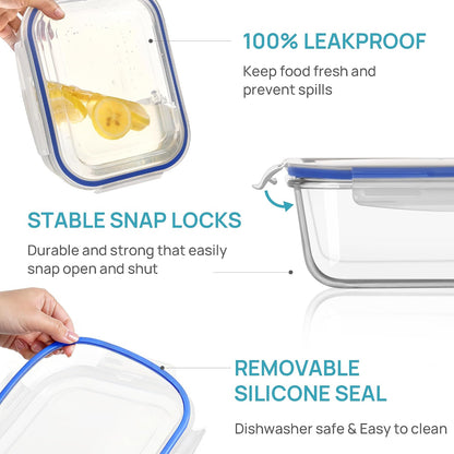 Vtopmart 2Pack 1860ml/63oz Large Glass Storage Containers with Lids, Meal Prep Food Container Set with Snap Airtight Lid for Baking, Microwave, Oven, Leak Proof, for Freezer, Dishwasher, Grey