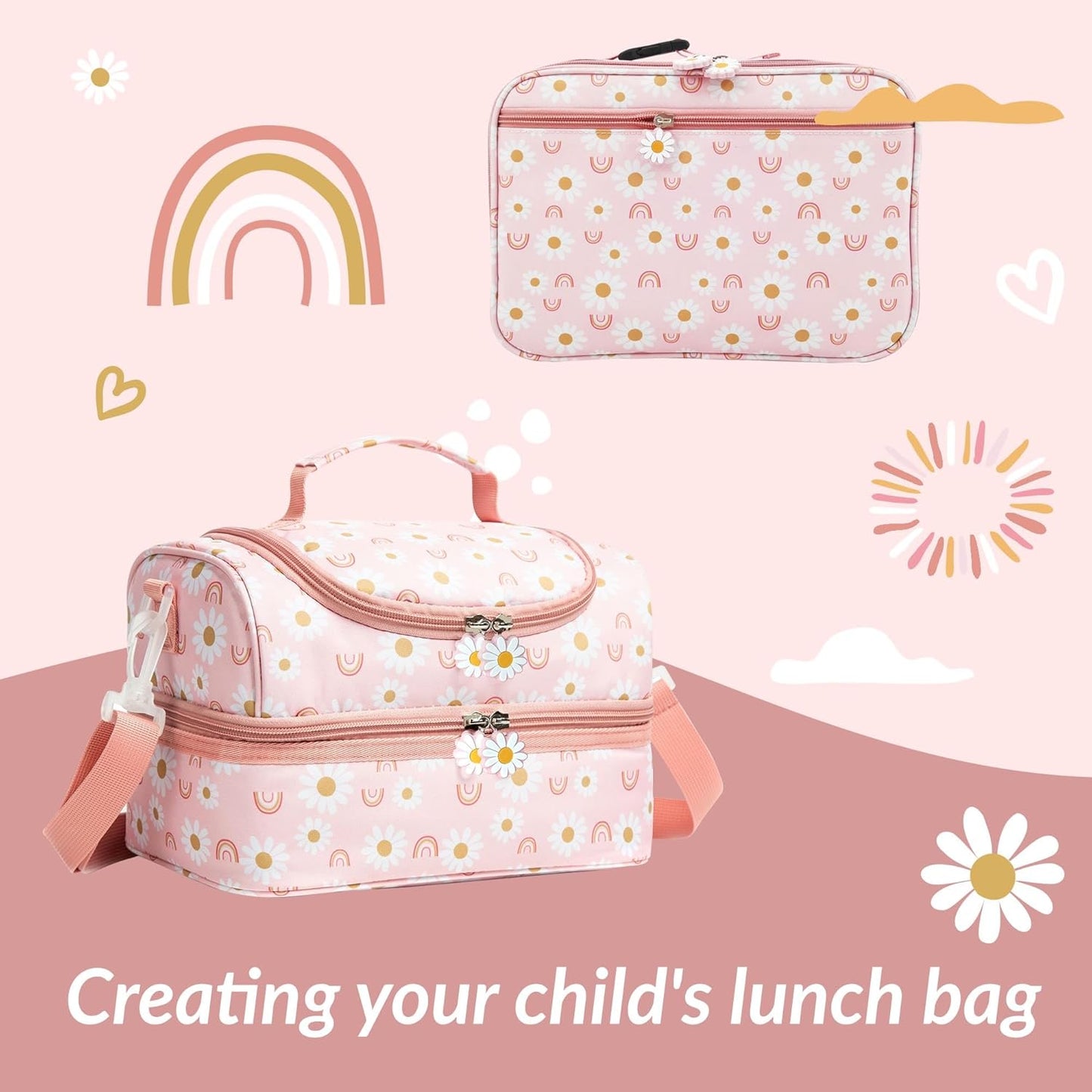 Insulated Kids Dual Compartment Lunch Bags Tote Pack for Girls Boys Toddler Kindergarten School Picnic Cooler Thermal Lunch Boxes with Strap (Green Rainbow)