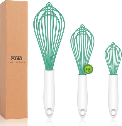 OYV Dishwasher Safe Silicone Whisk, Sealed Waterproof Design Set of 3, Professional Kitchen Whisks for Cooking Non-Scratch, Silicone & Stainless Steel Whisk, Heat Resistant Balloon Egg Beater, Black