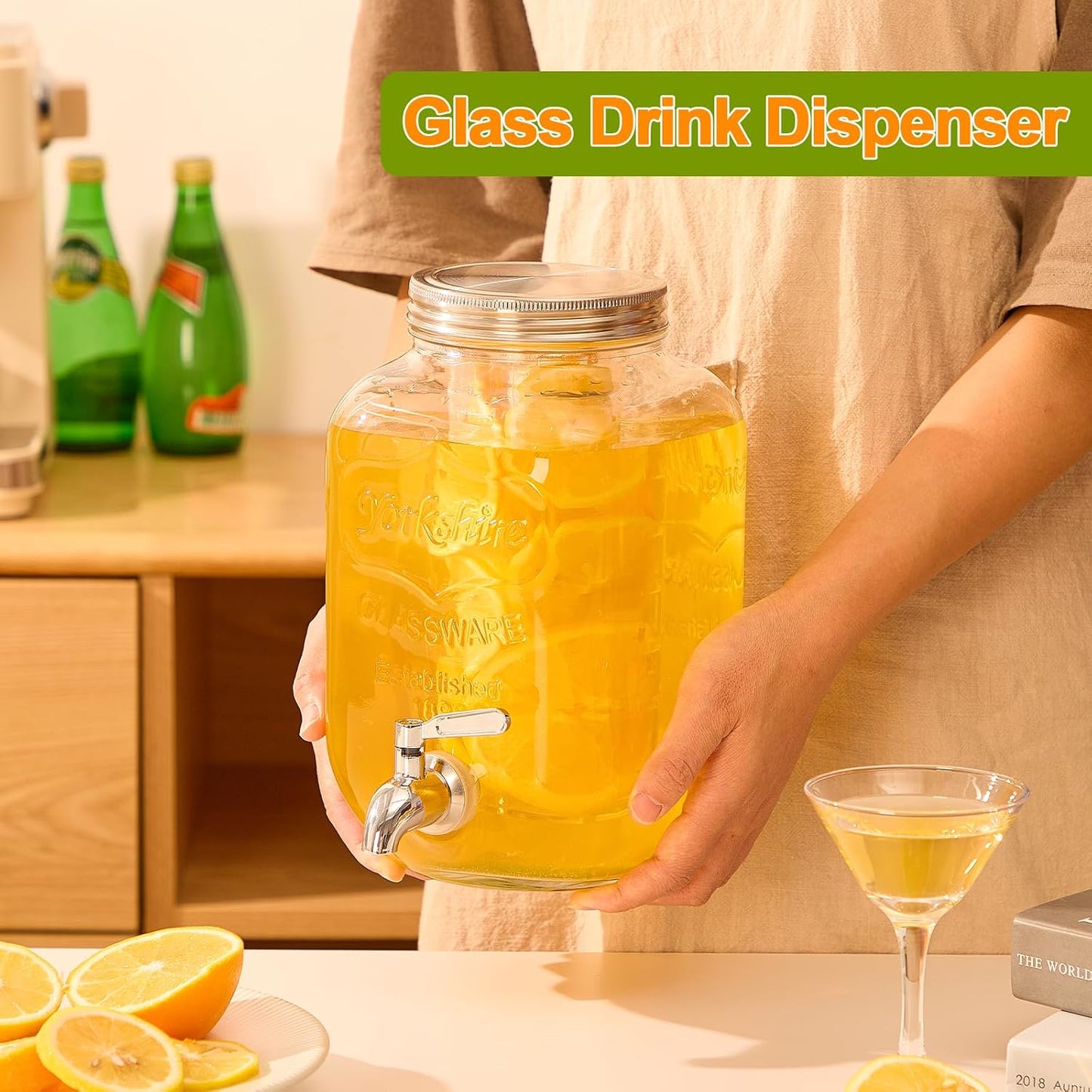 1 Gallon Glass Drink Dispensers for Parties, 2 Pack Beverage Dispenser with Stand, Fruit Infuser & Leakproof Stainless Steel Spigot, Juice Dispenser for Lemonade, Iced Tea, Sun Tea & Infused Water