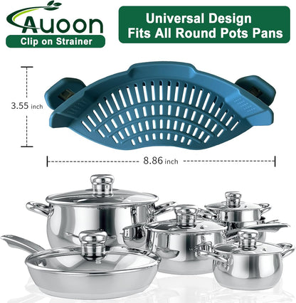 AUOON Clip On Strainer Silicone for All Pots and Pans, Pasta Strainer Clip on Food Strainer for Meat Vegetables Fruit Silicone Kitchen Colander