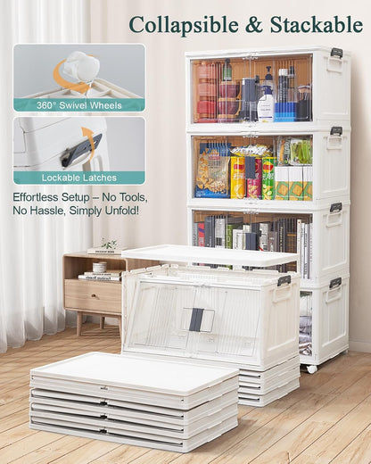 OlarHike 76QT Lockable Storage Bins with Lids - Folding Storage Box with Doors & Wheels, Collapsible Drawers for Home, Dorm, Closets, Office, School, College, Stackable Containers, 4 Pack Cubes