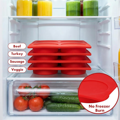 Silicone Burger Patty Maker & Freezer Tray, Grilling Cookware 4-Cavity Mold with Airtight Lid, Make 4 Perfect 4.7-Inch Patties at Once for Easy BBQ Prep & Freezer Storage
