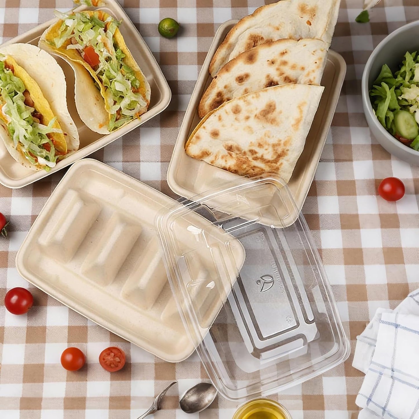FUNSUEI 100 Pack Disposable Taco Holders with 3 Dividers, Compostable Paper Taco Plates, Party Serving Set for Taco Night, Tuesday Decorations