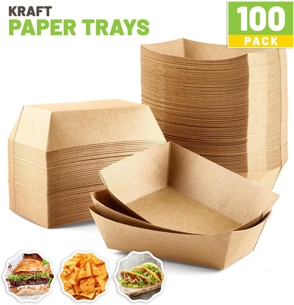ZORRITA 2 Lb Paper Food Trays - 100 Pack Disposable Nacho Trays Brown Food Boats Take Out Basket Holders for Serving Party Snacks Hot Dogs Tacos Fries