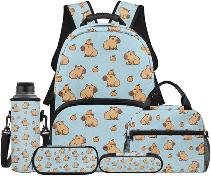 Cute Capybara Pizza Backpack for Girls, 5 Pcs Boys School Bag Set for Kids, 17 Inch Backpacks Lunch Pencil Box Reusable Utensils Case Set for Middle Elementary School, 3rd Grade Backpack