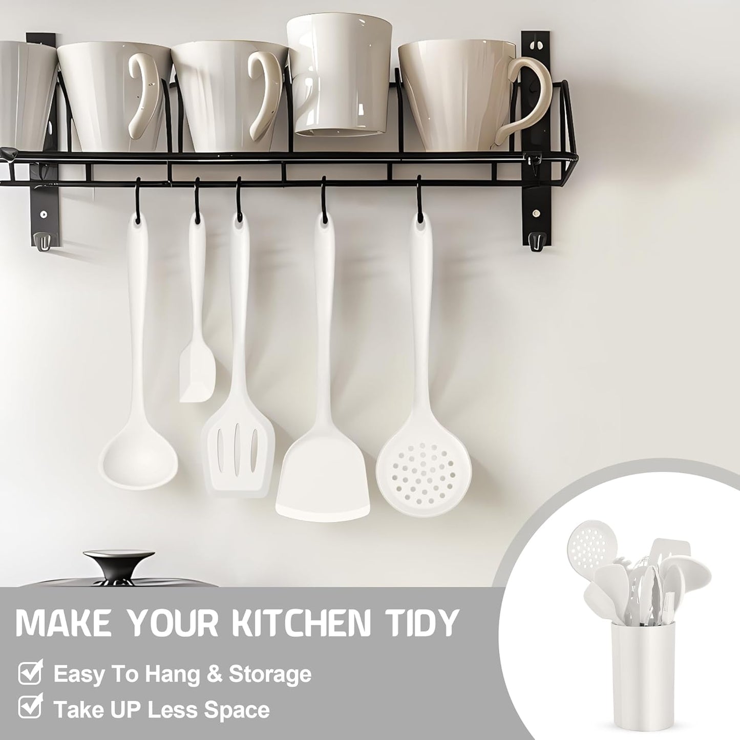 E-far Silicone Cooking Utensils Set, 25 Piece Kitchen Utensils with Holder, Non Toxic Kitchen Tools Spatula, Turner, Spoon, Ladle for Nonstick Cookware, Heat Resistant & Dishwasher Safe - Black