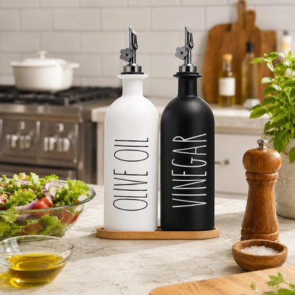HOMCDALY Premium Olive Oil Dispenser for Kitchen, 11.8oz Glass Oil Bottles with Bamboo Tray, White Oil&Vinegar Cruet Set, Kitchen Dispenser Bottles with Pourer| Set of 2 (11.8oz –P–White)