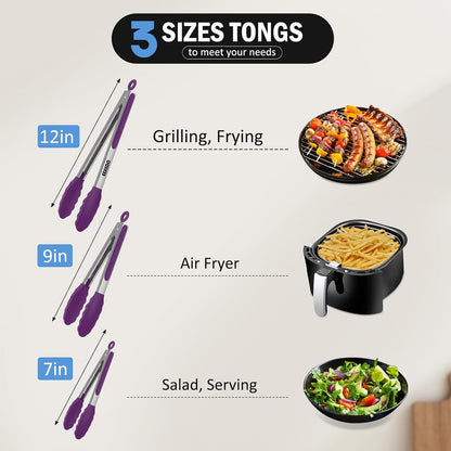 Kitchen Tongs, Stainless Steel Cooking Tongs with Silicone Tips, 600ºF High Heat-Resistant Non Scratch Locking Tongs for Cooking BBQ Grilling Air Fryer Pans, Set of 3 (7" 9" and 12") Black
