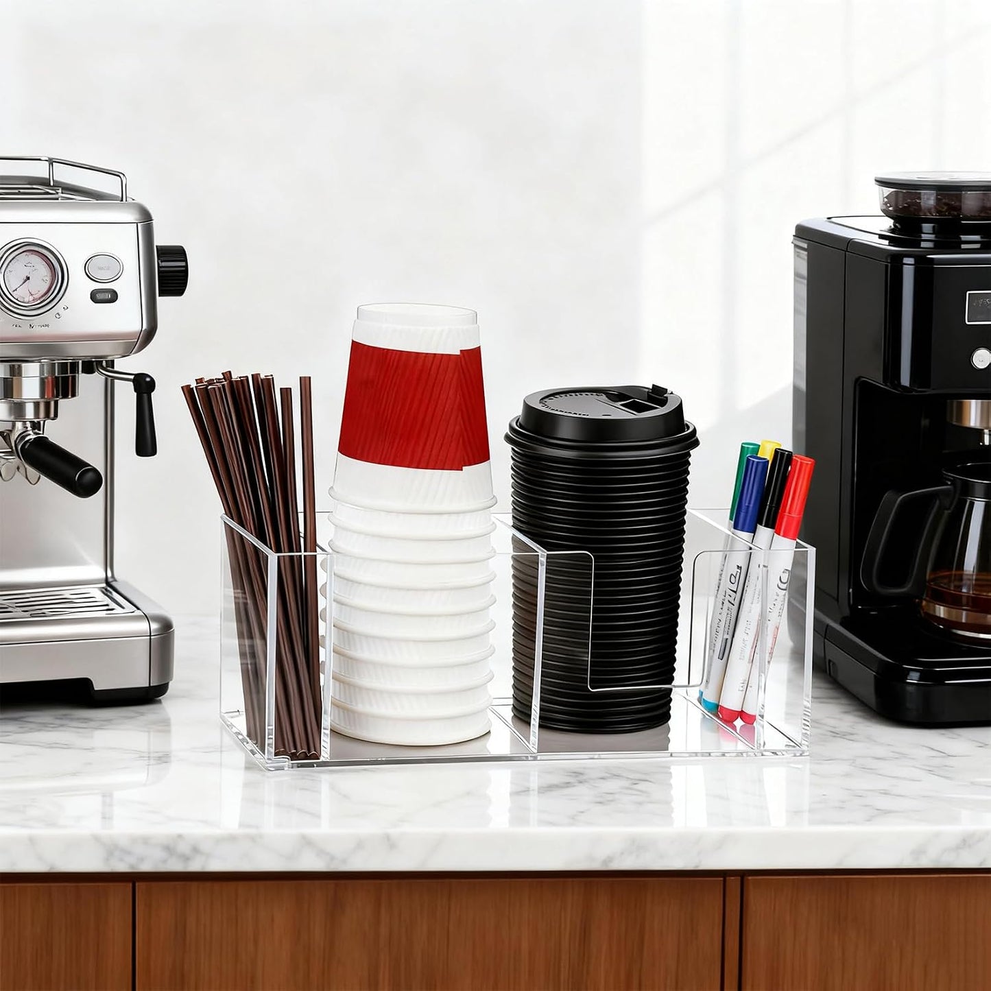 Cup Holder with Marker Slot, Acrylic Disposable Coffee Cup Dispenser Lids Straws Storage Organizer Mark Your Cup and Drink Up for Kitchen Bar Picnic Gathering Party Accessory