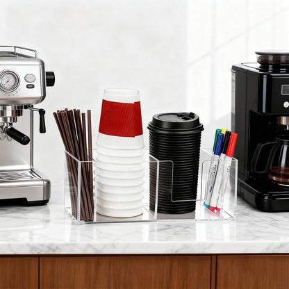 Cup Holder with Marker Slot, Acrylic Disposable Coffee Cup Dispenser Lids Straws Storage Organizer Mark Your Cup and Drink Up for Kitchen Bar Picnic Gathering Party Accessory