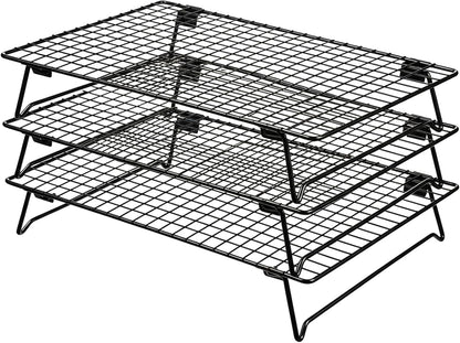 3-Tier Stackable Cooling Rack for Cooking and Baking, 17" x 11" Large Black Wire Cooling Rack, Foldable & Heavy Duty Cookie Cooling Rack, Oven Safe Baking Rack