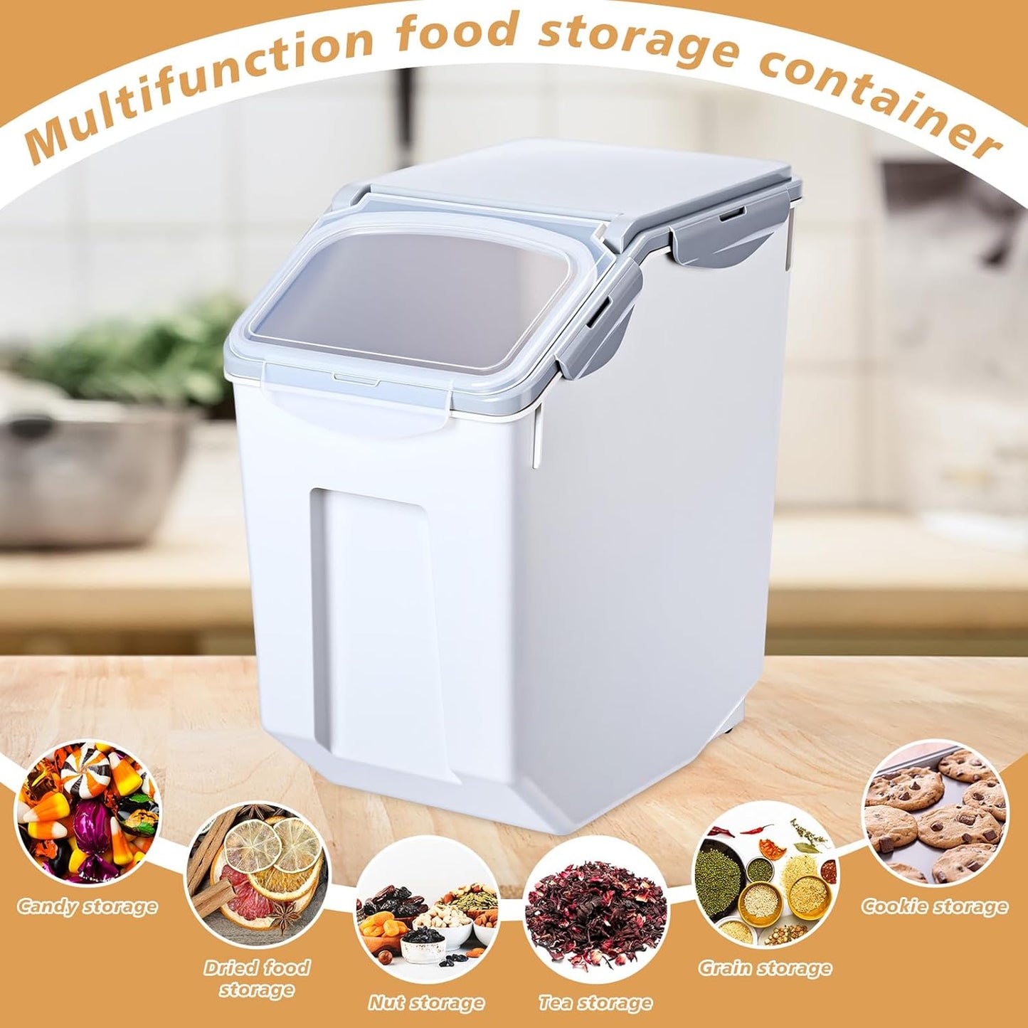 Umigy 4 Pack Rice Storage Container With Wheels Plastic Airtight Lid Flour Container Bin for Dog Pet Cereal Grain Dry Food, 15 Liter / 30 lbs (Blue)
