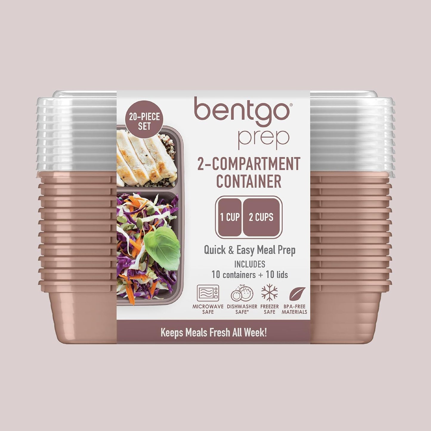 Bentgo Prep - 20-Piece 2-Compartment Reusable Meal Prep Containers with Lids, PFAS & BPA Free Materials, Durable, Microwave, Freezer, & Dishwasher Safe To Go Food Storage (Rose Gold)