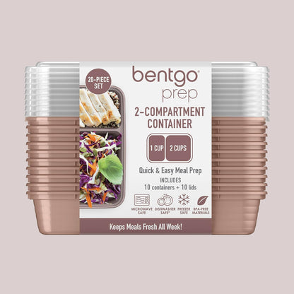 Bentgo Prep - 20-Piece 2-Compartment Reusable Meal Prep Containers with Lids, PFAS & BPA Free Materials, Durable, Microwave, Freezer, & Dishwasher Safe To Go Food Storage (Rose Gold)