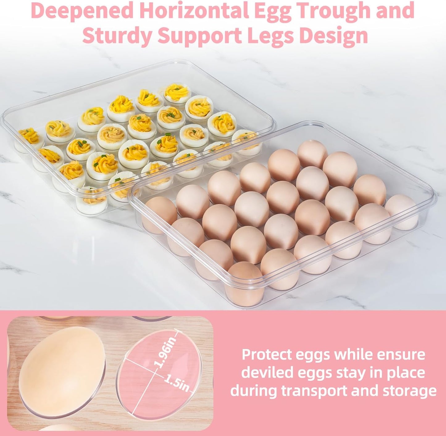 MesRosa 2 Pack Deviled Egg Containers with Lid and Handle, Durable Clear Plastic Deviled Egg Carrier Storage 48 Eggs, Stackable Egg Holder for Fridge, Portable Tray Platter for Party & Picnics-White
