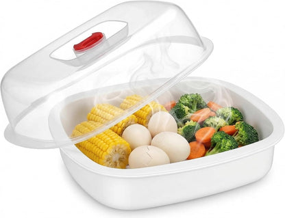 MAGICLULU Microwave Vegetable Steamer with Lid and Tray - 8.26" Square Microwave Heating Bowl for Fish, Dumplings, Meat - Micro Cookware for Cooking for Home, Gem, Office Kitchen (White)