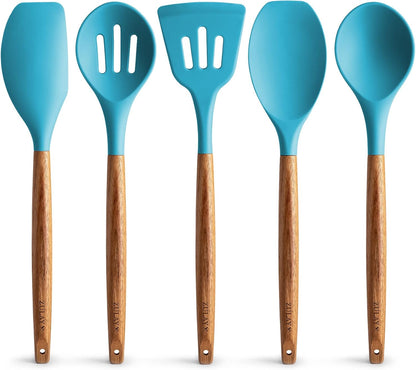 Zulay Kitchen Utensils Set Non-Stick Silicone Cooking Utensils Set with Authentic Acacia Wood Handles - 5 Piece Silicone Utensil Set - Kitchen Utensils Set with 464°F Heat Resistance - Gray