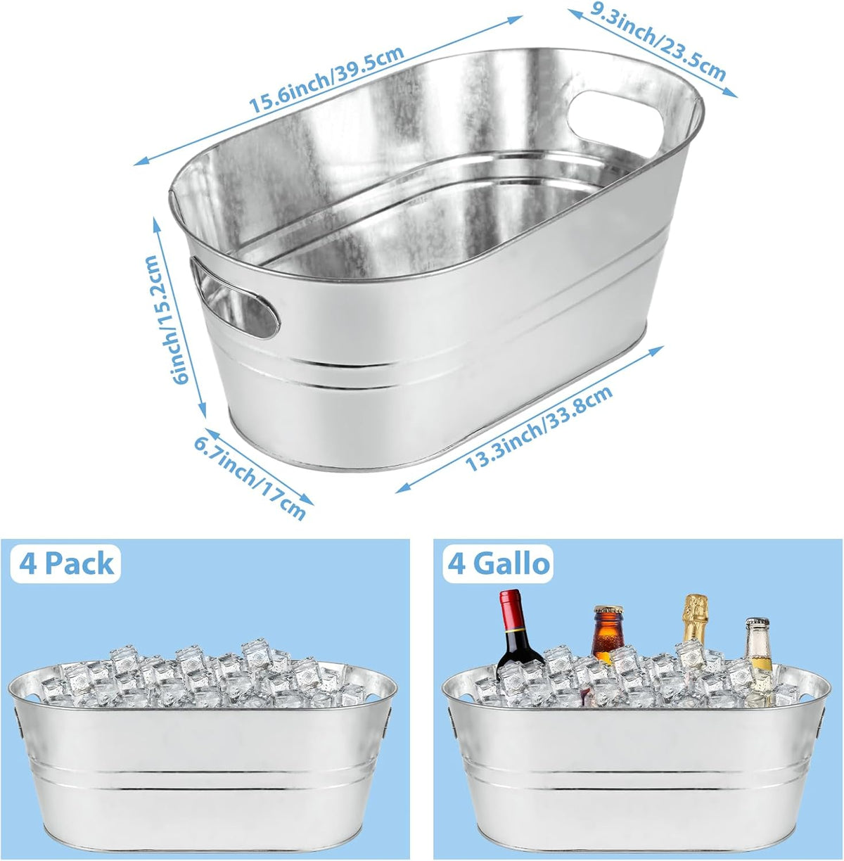 MIVIDE 4 Pack Galvanized Tub 3.3 Gallon Ice Bucket Large Metal Champagne Drink Bucket with Handles Galvanized Ice Buckets for Parties Mimosa Bar Cocktail Bar