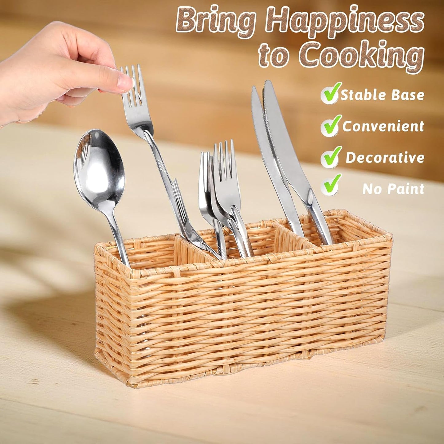Ptwola Wicker Flatware Silverware Caddies Woven Kitchen Cutlery Organizer Utensil Holder Party Condiment Storage Carrier Basket for Table Countertop Holds Forks Knives Spoons Napkins