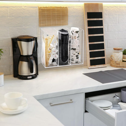 Acrylic Coffee Cup and Lid Storage Organizer, 3 Compartment Disposable Paper Cup Dispenser Organizer, Clear Plastic Cups and Lids Holder for Kitchen Coffee Bar Shop Party Supplies