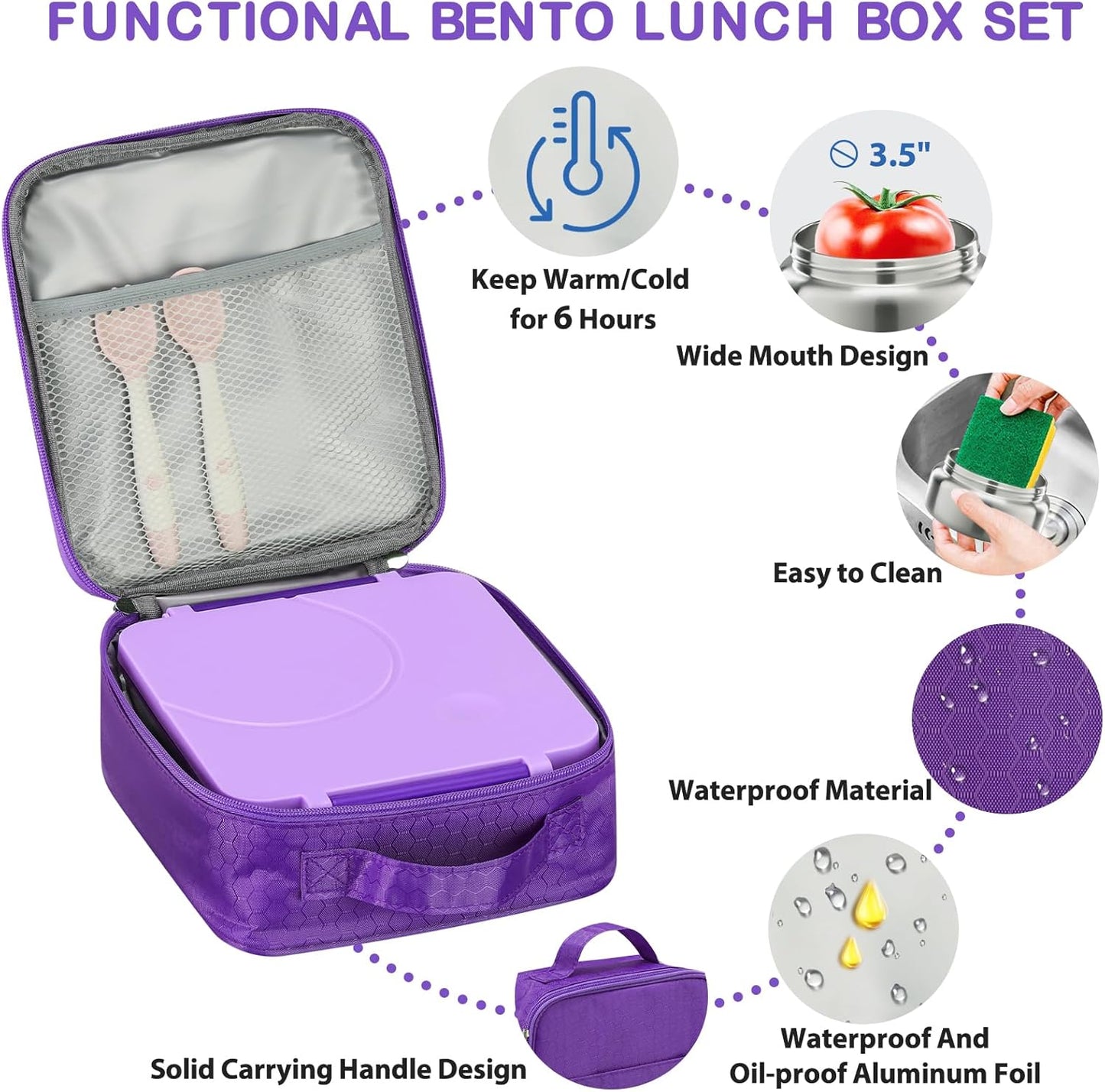 Bento Lunch Box Set for Kids with 8oz Soup Thermo, Leak-Proof Lunch Containers with 4 Compartment, Kids Thermo Hot Food Jar and Insulated Lunch Bag for Kid to School-Black