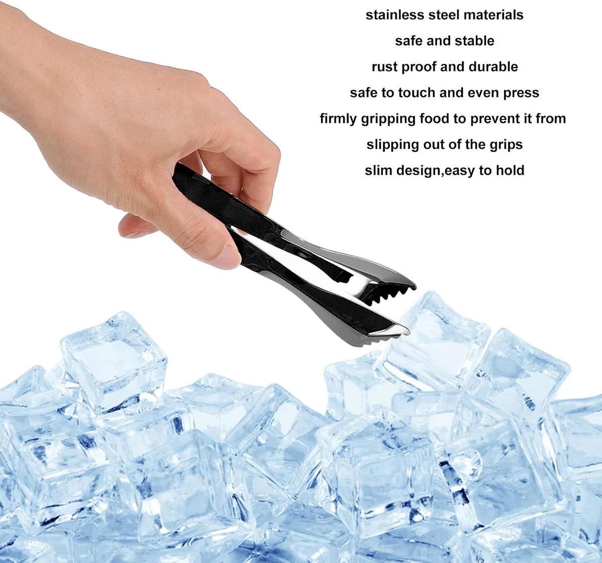 Ice Tongs for Ice Bucket, Serving Tongs, Bar Tongs, Food Grade Thicken Stainless Steel Prevents Slipping Sugar Food Tweezers for Home Kitchen Bar(Black)