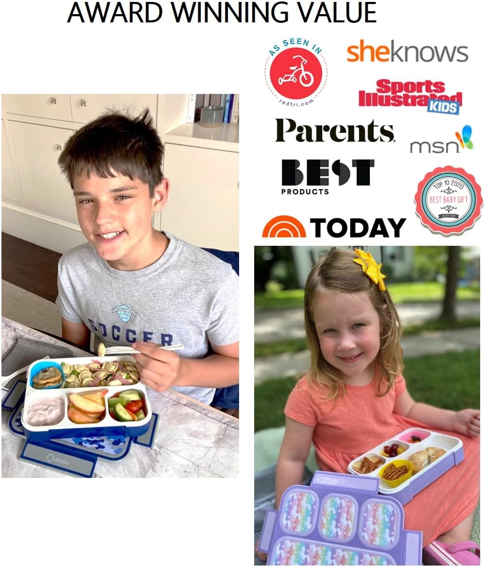 Bento Lunch Box for Kids or Adults, Snack Containers for Boys, Girls, School Daycare Work, 3 Divided Compartments Meal Planning Portion Control, BPA-Free Boxes, Utensils | Blue Purple 2 pack
