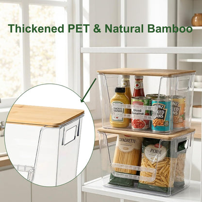 FUSHITON 2 Set Pantry Organizers with Bamboo Lids, Clear Storage Bins with Handles, U-Shaped Front Opening with Removable Stopper for Trash Bag Dispenser, Potato Onion Garlic Storage