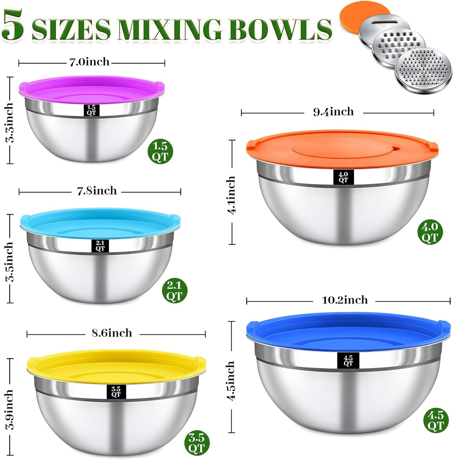 21PCS Mixing Bowls with Lids Set - 7 Nesting Mixing Bowls, 3 Graters, 11 Baking Tools, Lids, Stainless Steel Mixing Bowl for Mixing & Baking, Size 0.7/1.1/1.5/2.1/3.5/4/4.5 QT, Colorful