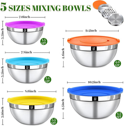 21PCS Mixing Bowls with Lids Set - 7 Nesting Mixing Bowls, 3 Graters, 11 Baking Tools, Lids, Stainless Steel Mixing Bowl for Mixing & Baking, Size 0.7/1.1/1.5/2.1/3.5/4/4.5 QT, Colorful
