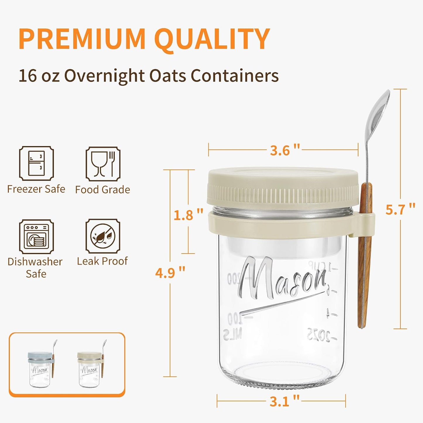Xyptorix 6 Pack Overnight Oats Containers with Lids and Spoons, 16 oz Mason Jars with Removable Separate Compartments, Airtight and Leak-Proof Glass Jars for Chia Pudding, Yogurt, and Oatmeal
