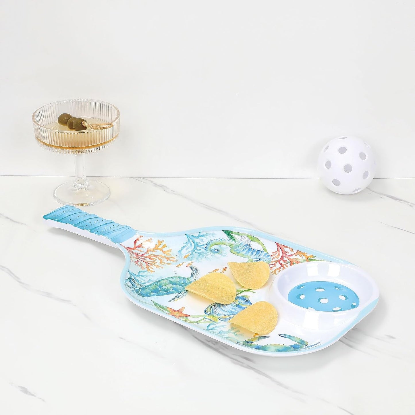 UPware Flamingo Melamine Chip and Dip Snack Tray, Tropical Floral Pickleball Paddle Shape Platter for Chips, Salsa, Fruits, and Appetizers, 15.75 x 8 Inch