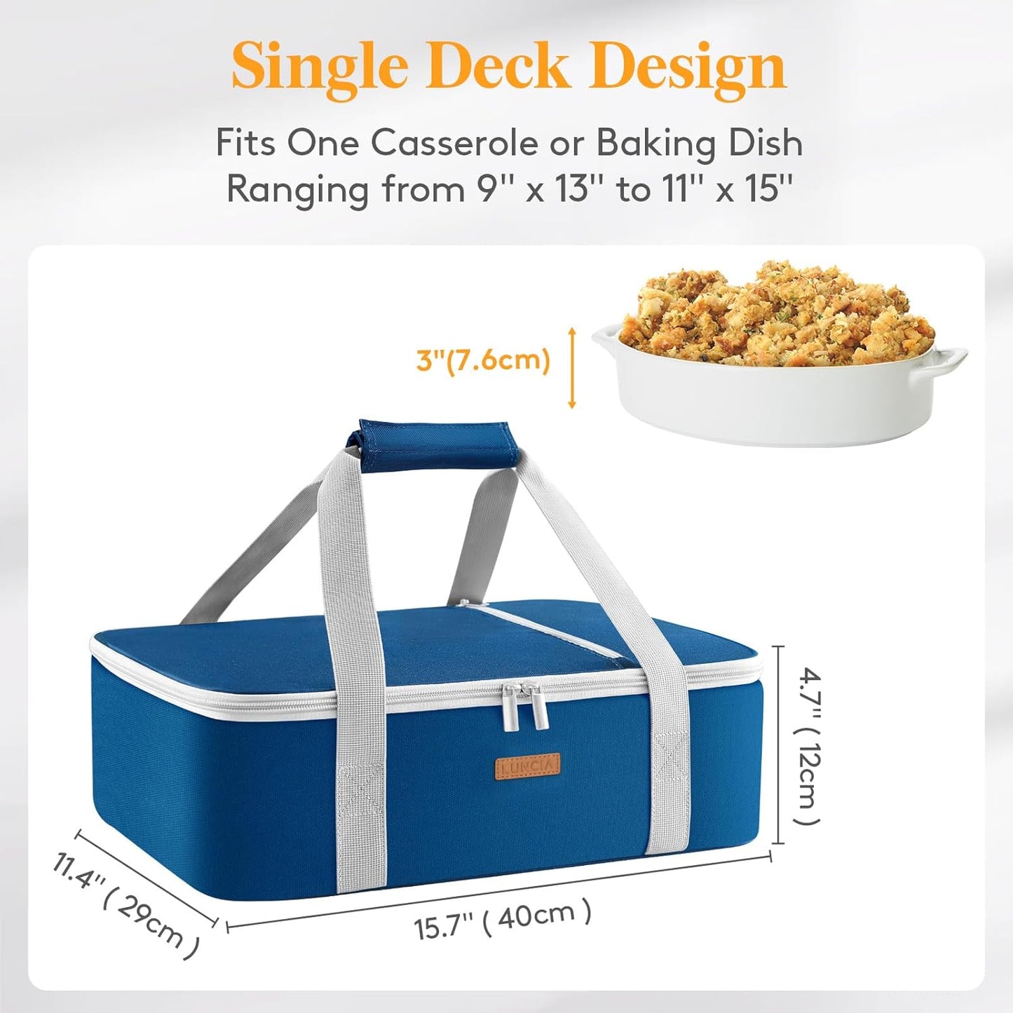 LUNCIA Insulated Single Decker Casserole Carrier, Lasagna Lugger Tote Keeps Food Hot or Cold, Thermal Lunch Bag for Potluck Parties, Picnic and Cookouts, Fits 9" x 13" Baking Dish, Black