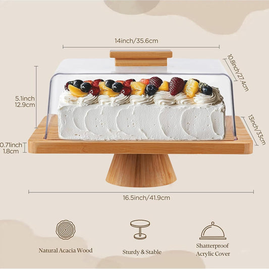 HBlife Cake Stand with Lid (11.4"), Multifunctional Cake Stand with Acrylic Dome, Acacia Wood 6-in-1 Cake Plate Display Stand with Cover for Baking Gifts, Birthday Kitchen Parties, Weddings