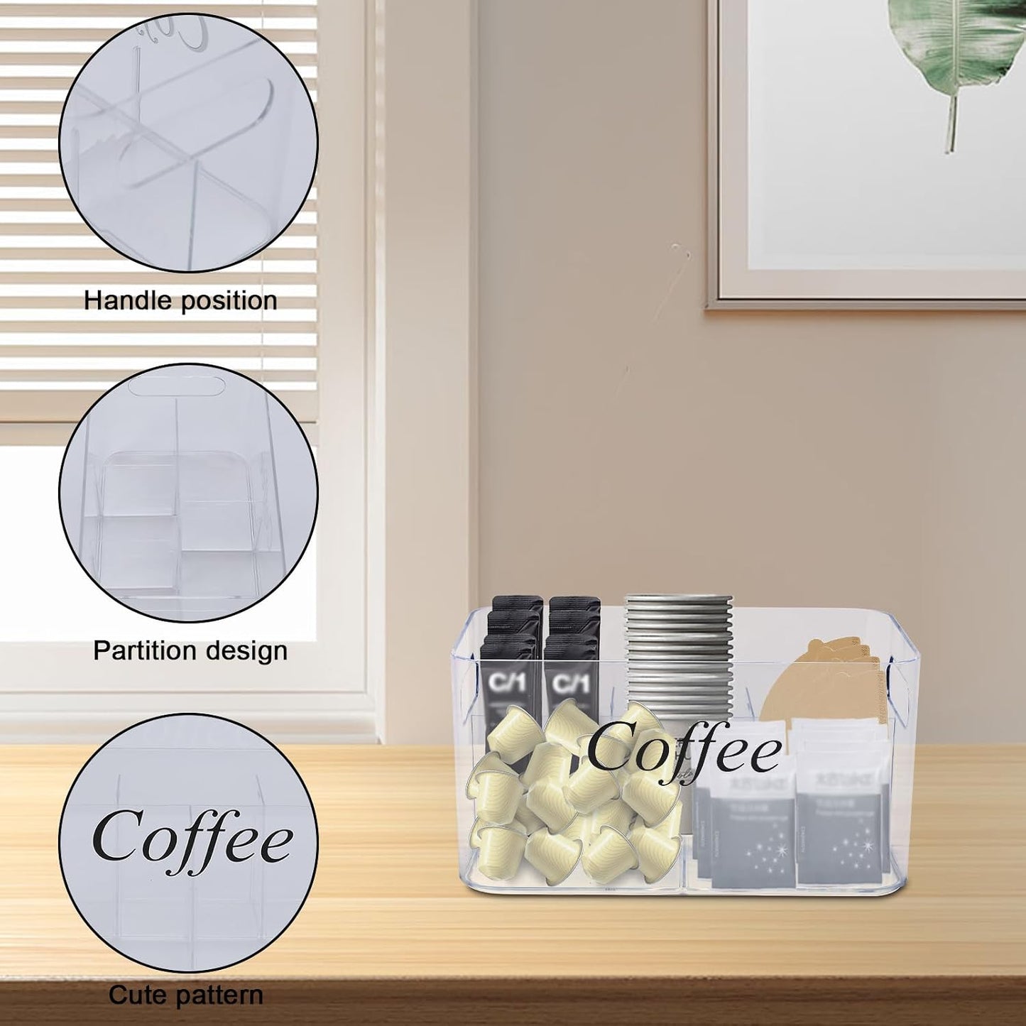 Coffee Bar Station Organizer,Clear Plastic Coffee Bar Accessories Bin with Removable 5-Compartment for Pods Condiment Syrup Tea Cups Stirrers,Coffees Pod Holder for Counter,Kitchen,Office
