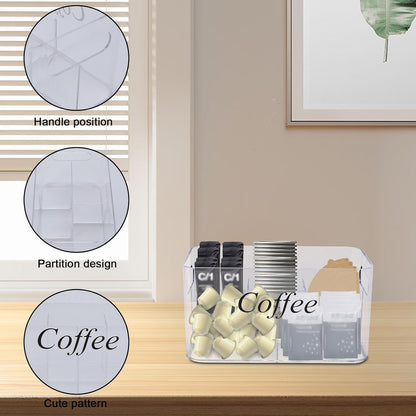 Coffee Bar Station Organizer,Clear Plastic Coffee Bar Accessories Bin with Removable 5-Compartment for Pods Condiment Syrup Tea Cups Stirrers,Coffees Pod Holder for Counter,Kitchen,Office