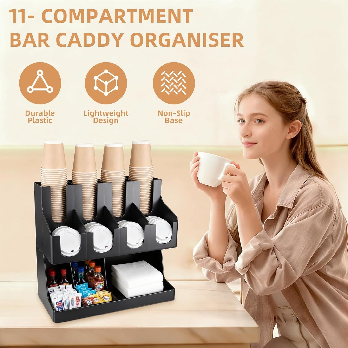 Commercial Cup and Lid Holder with Straw Organizer,Disposable Coffee Cup Condiment Dispenser for Countertop Org, Coffee Bar, Beverage Cup, Kitchen, Breakroom (11 Compartment Upright)